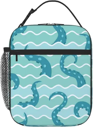 Reusable Lunch Bag Sea Wave Octopuses Tentacle Insulated Lunch Box Container Portable Cooler Thermal Lunch Tote Bag for Women Men Adult Work Office Picnic Travel Beach, 8x4x10 inch