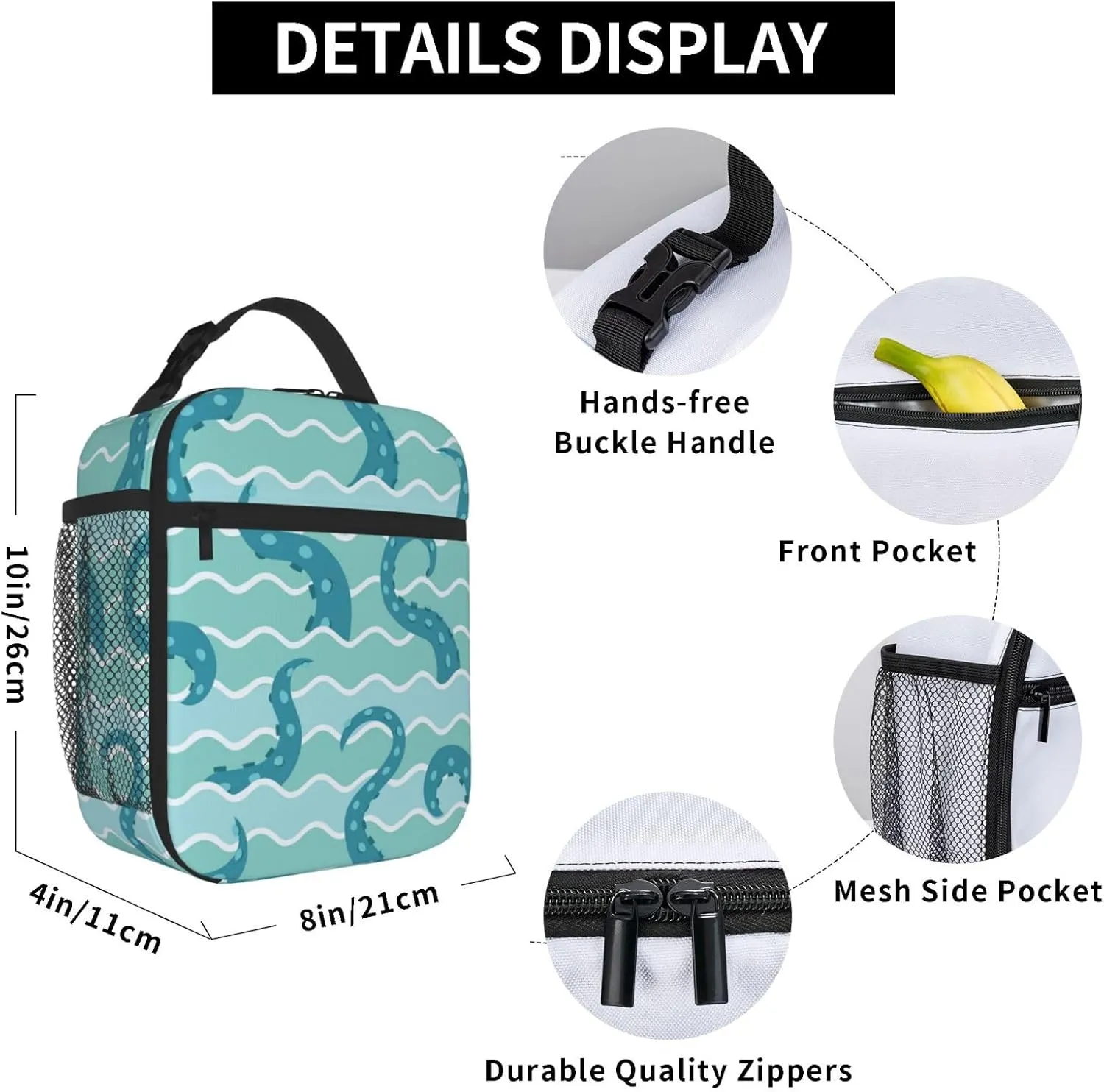 Reusable Lunch Bag Sea Wave Octopuses Tentacle Insulated Lunch Box Container Portable Cooler Thermal Lunch Tote Bag for Women Men Adult Work Office Picnic Travel Beach, 8x4x10 inch