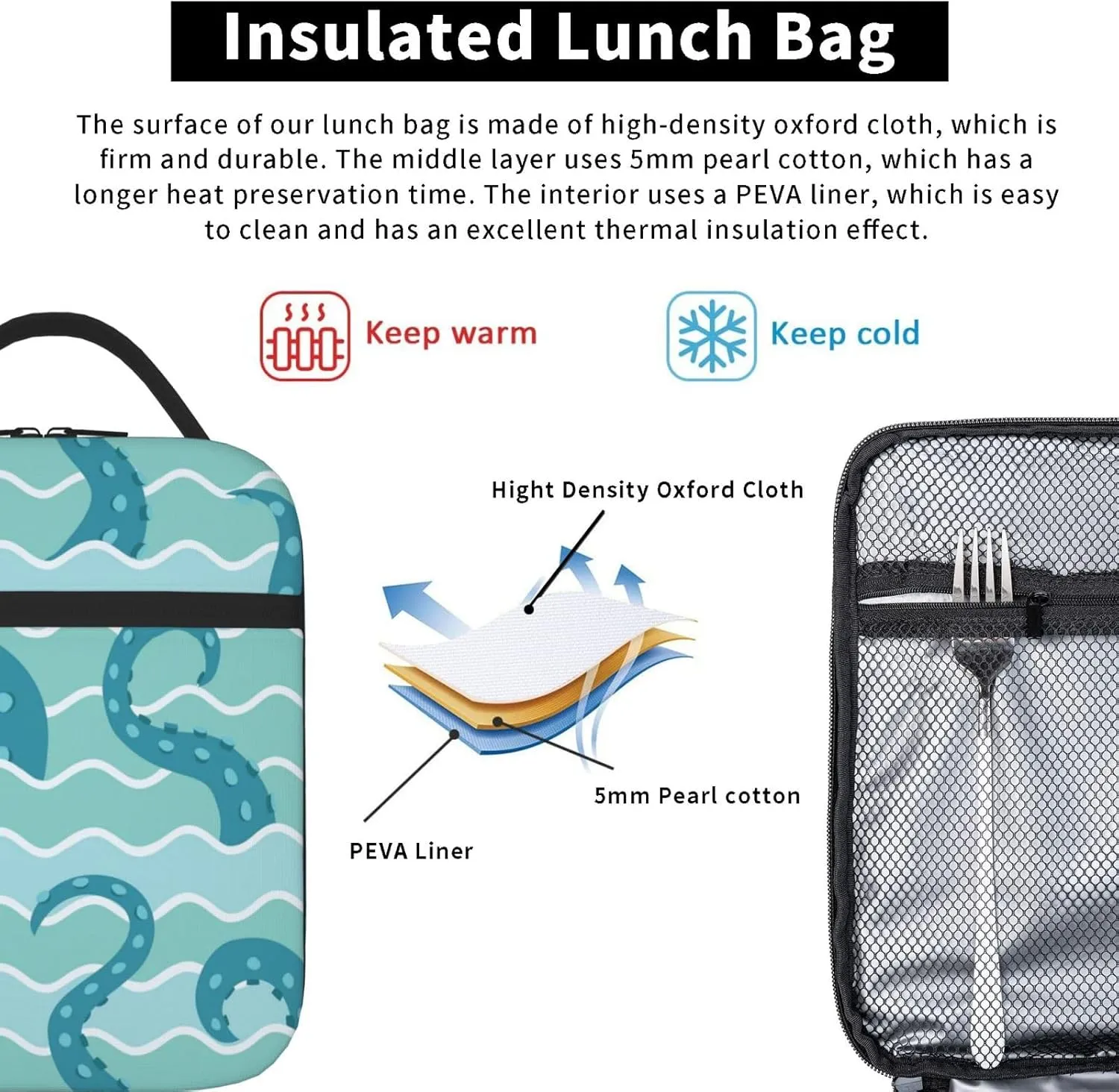 Reusable Lunch Bag Sea Wave Octopuses Tentacle Insulated Lunch Box Container Portable Cooler Thermal Lunch Tote Bag for Women Men Adult Work Office Picnic Travel Beach, 8x4x10 inch