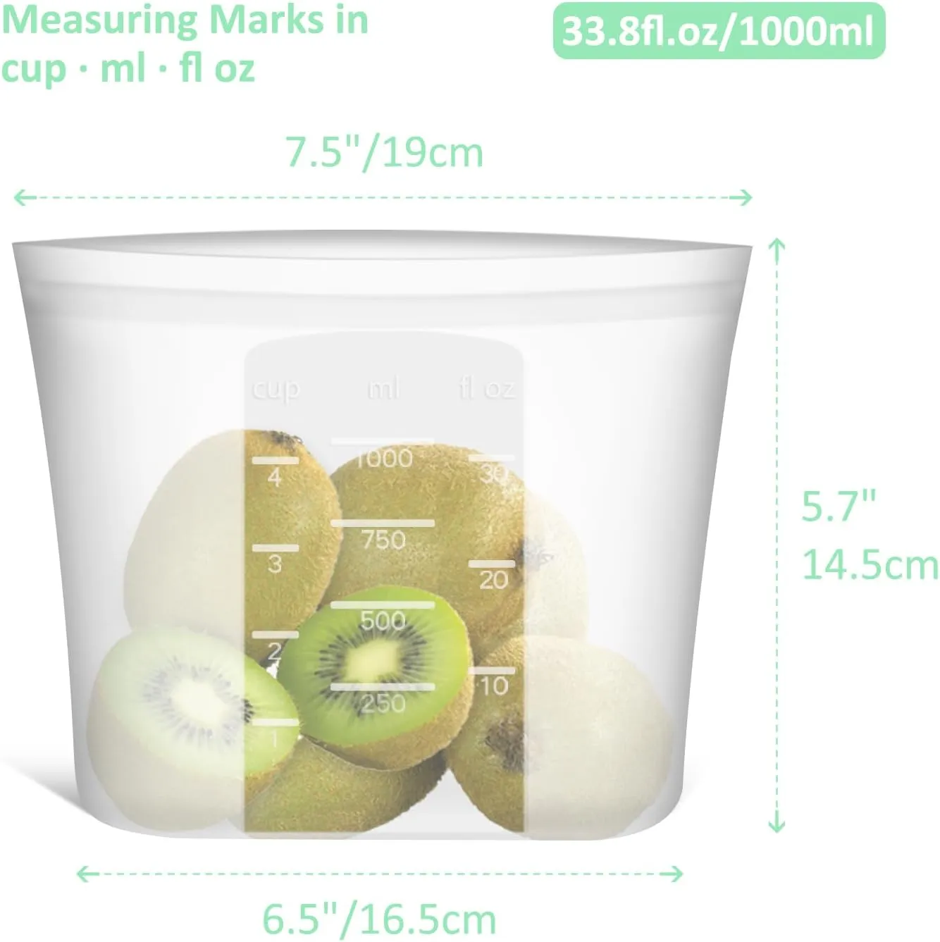Reusable Silicone Food Storage Bags Quart 4 Pack, Stand Up Ziplock Reusable Freezer Sandwich Bag Containers for Food Travel, Freezer Microwave Oven Dishwasher Safe, Translucent, 33.8fl.oz