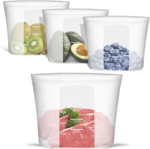 Reusable Silicone Food Storage Bags Quart 4 Pack, Stand Up Ziplock Reusable Freezer Sandwich Bag Containers for Food Travel, Freezer Microwave Oven Dishwasher Safe, Translucent, 33.8fl.oz