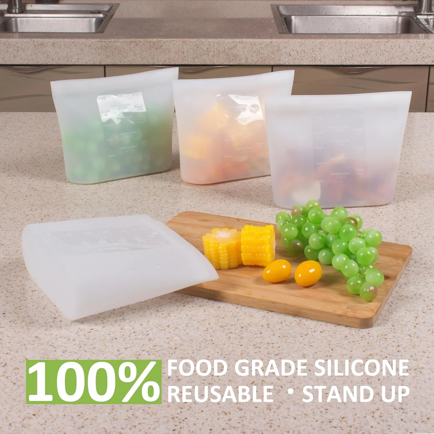Reusable Silicone Food Storage Bags Quart 4 Pack, Stand Up Ziplock Reusable Freezer Sandwich Bag Containers for Food Travel, Freezer Microwave Oven Dishwasher Safe, Translucent, 33.8fl.oz