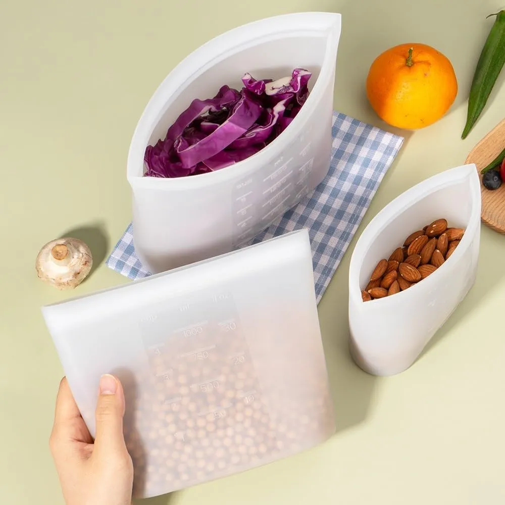 Reusable Silicone Food Storage Bags Quart 4 Pack, Stand Up Ziplock Reusable Freezer Sandwich Bag Containers for Food Travel, Freezer Microwave Oven Dishwasher Safe, Translucent, 33.8fl.oz