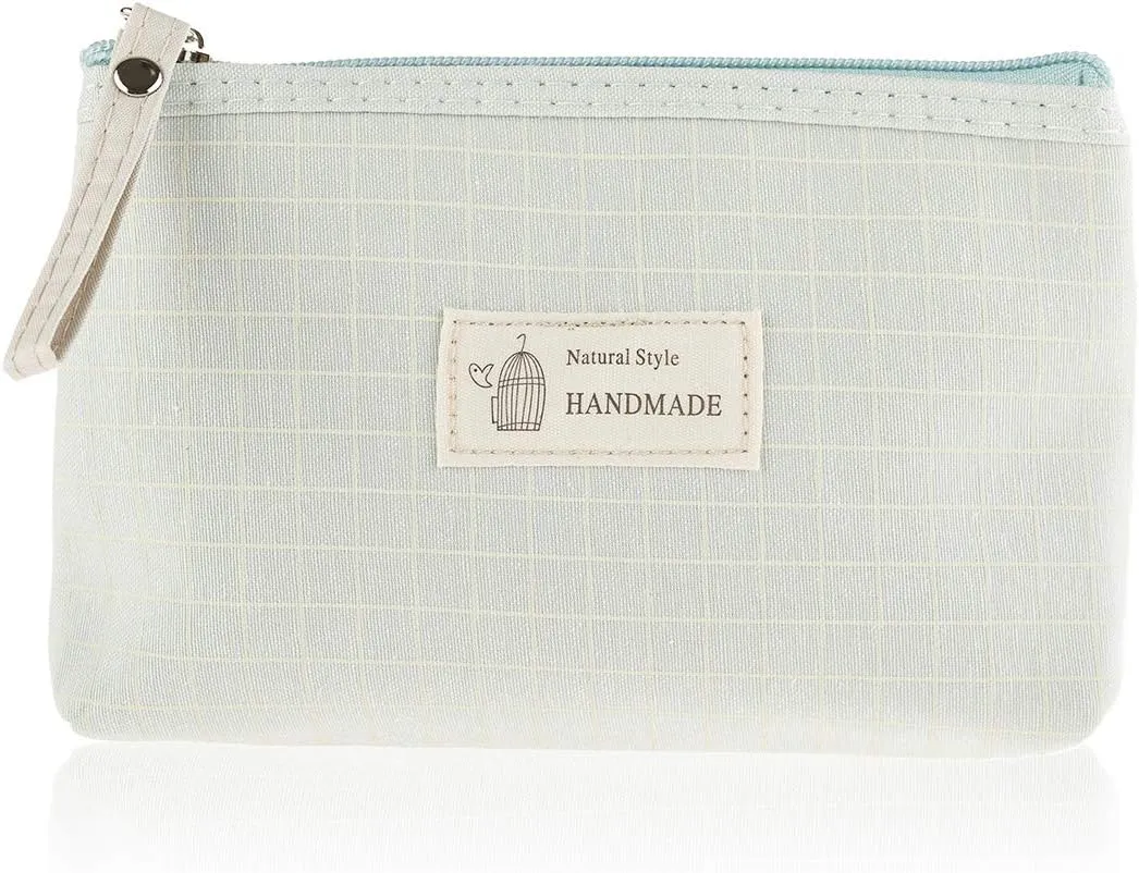 RIAH FASHION Portable Travel Clutch Cosmetic Makeup Pouch Bag - Toiletry Organizer Purse Wristlet Stripe, Floral, Plaid, Cork (Fabric Makeup Pouch - Grid Mint)