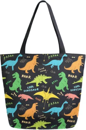Roar Quoted Colorful Cartoon Dinosaur Canvas Tote Bag for Women with Zipper Pocket Reusable Grocery Shopping Bags Large Travel Shoulder Bag Handbag Bags