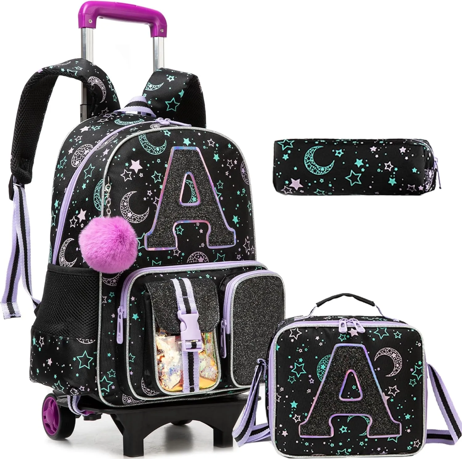 Rolling Backpack with Wheel,School Backpack for Kids Girl Roller Schoolbag Wheeled Backpacks Set Carry-on Luggage,Black