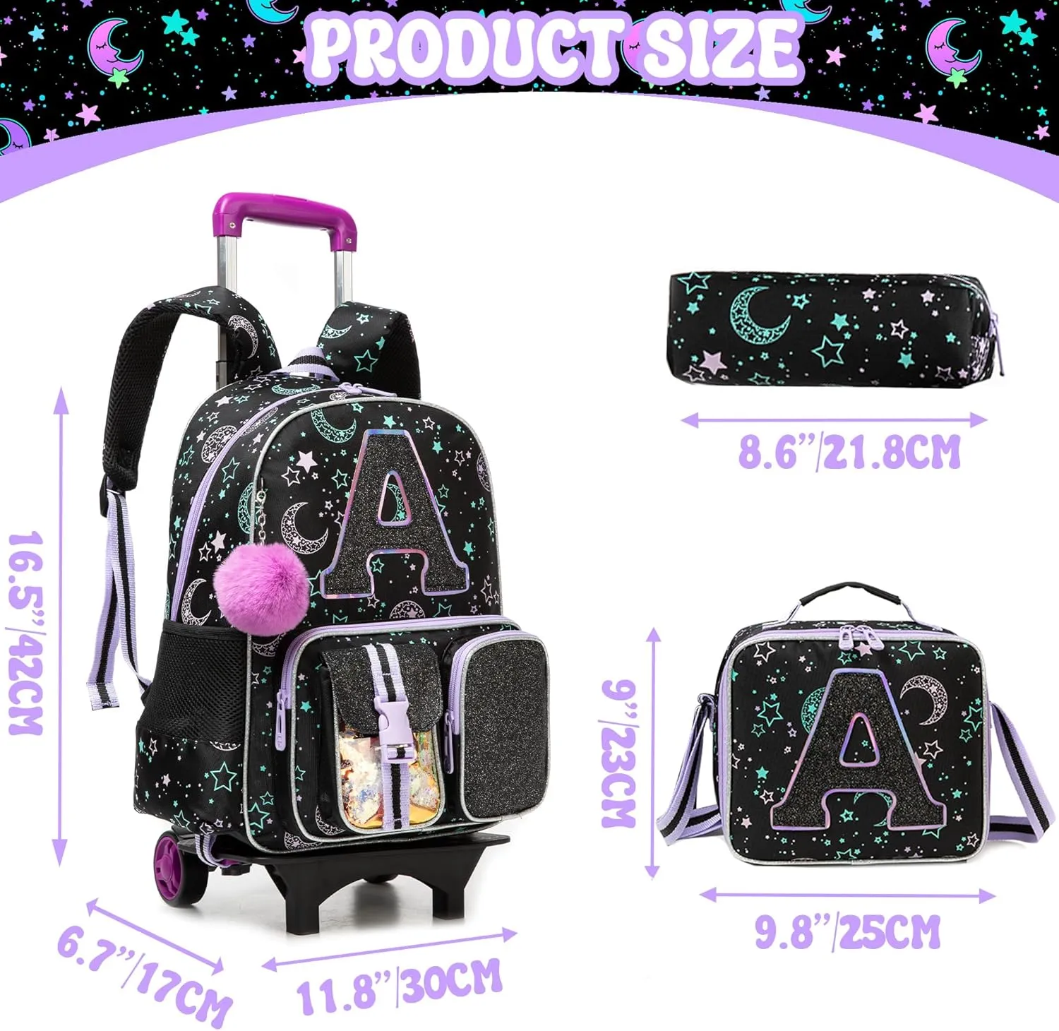 Rolling Backpack with Wheel,School Backpack for Kids Girl Roller Schoolbag Wheeled Backpacks Set Carry-on Luggage,Black