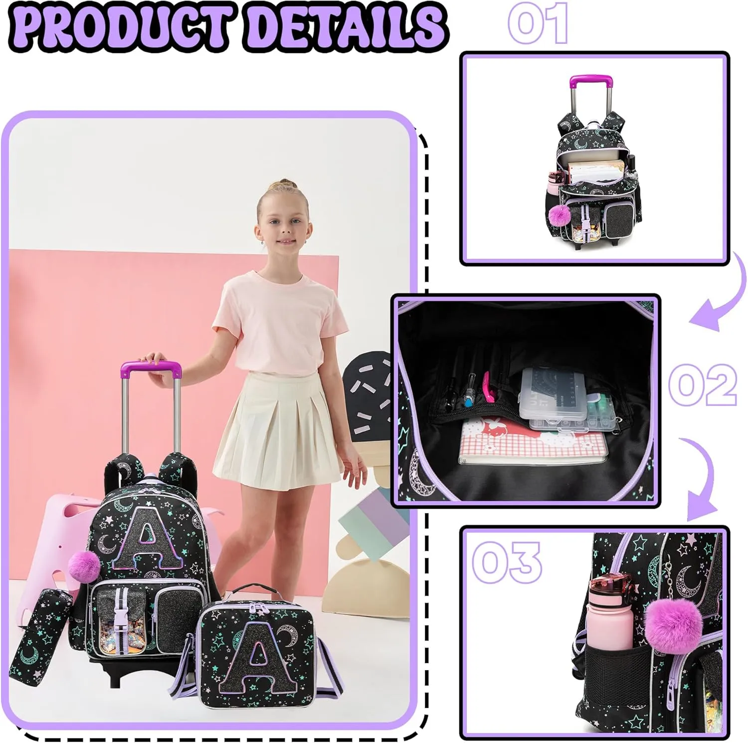 Rolling Backpack with Wheel,School Backpack for Kids Girl Roller Schoolbag Wheeled Backpacks Set Carry-on Luggage,Black