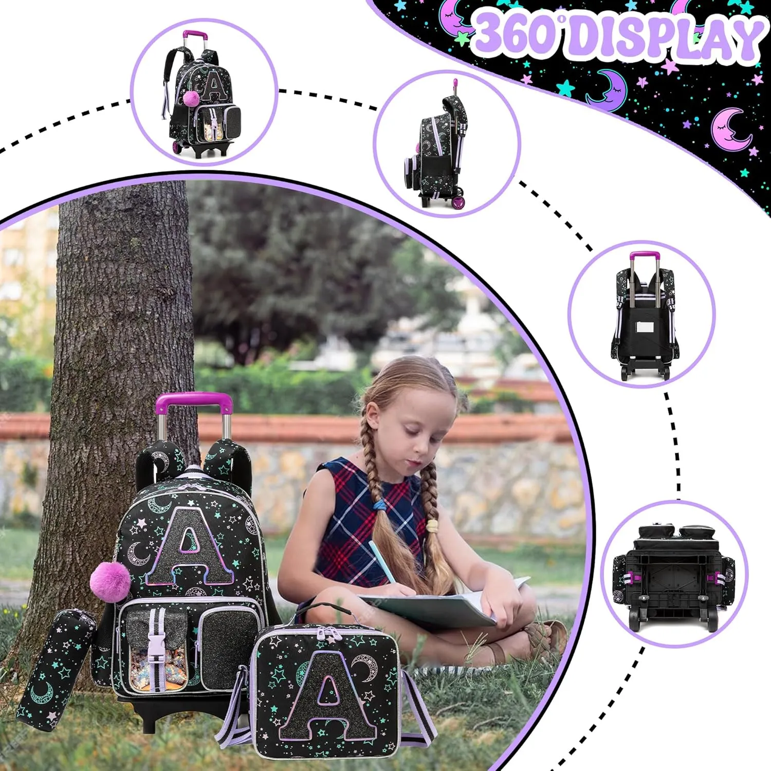 Rolling Backpack with Wheel,School Backpack for Kids Girl Roller Schoolbag Wheeled Backpacks Set Carry-on Luggage,Black