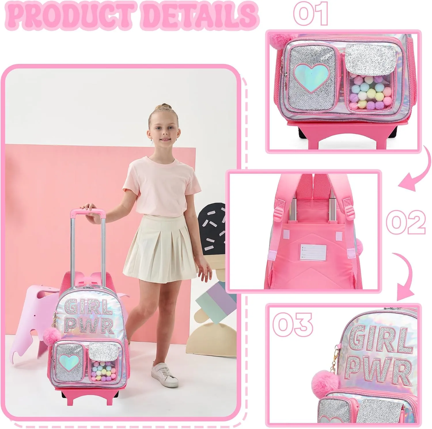 Rolling Backpack with Wheel,School Backpack for Kids Girl Roller Schoolbag Wheeled Backpacks Set Carry-on Luggage,Pink
