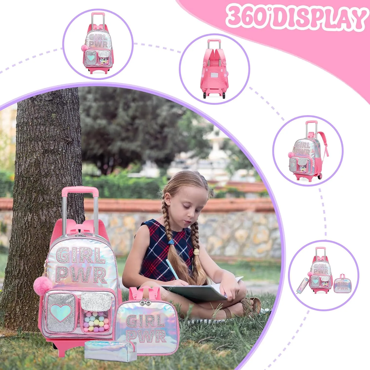 Rolling Backpack with Wheel,School Backpack for Kids Girl Roller Schoolbag Wheeled Backpacks Set Carry-on Luggage,Pink