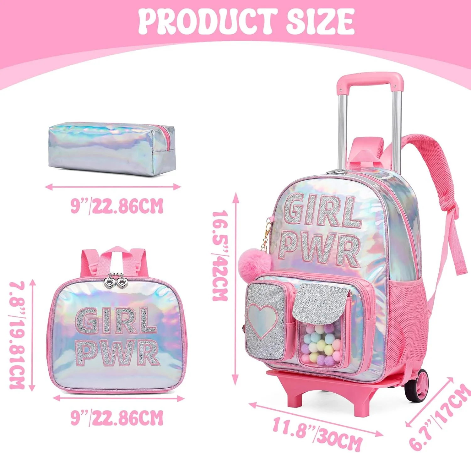 Rolling Backpack with Wheel,School Backpack for Kids Girl Roller Schoolbag Wheeled Backpacks Set Carry-on Luggage,Pink