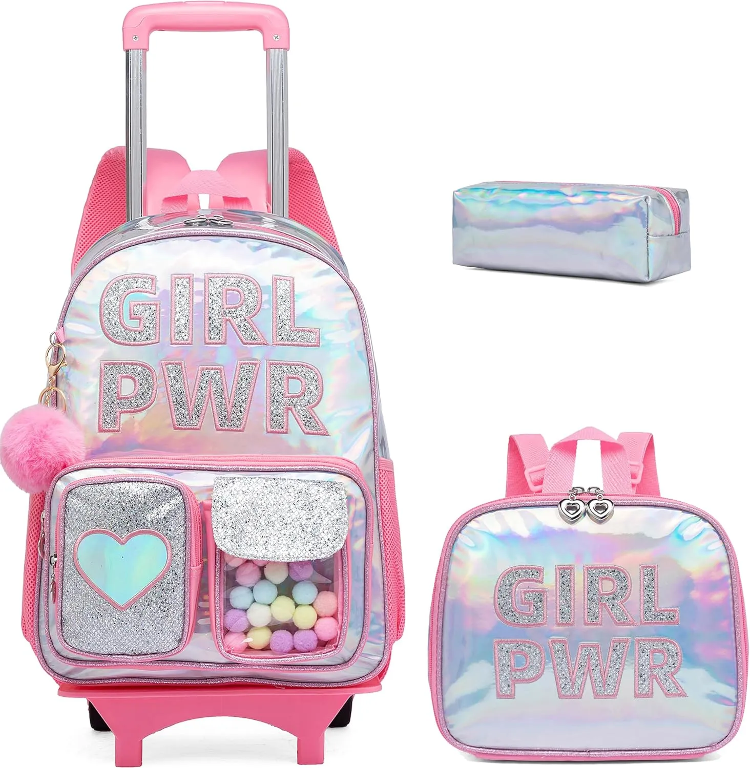 Rolling Backpack with Wheel,School Backpack for Kids Girl Roller Schoolbag Wheeled Backpacks Set Carry-on Luggage,Pink