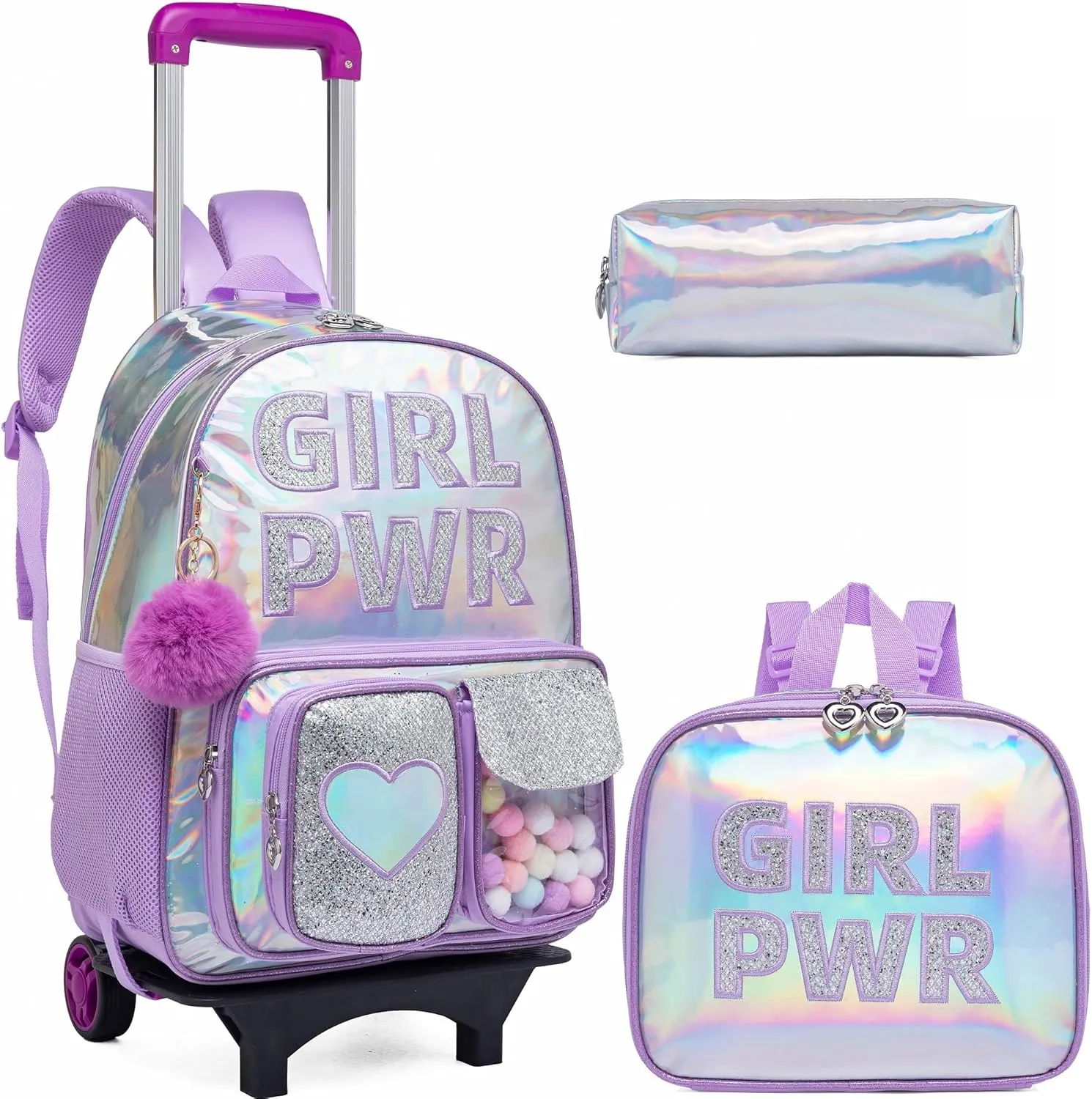 Rolling Backpack with Wheel,School Backpack for Kids Girl Roller Schoolbag Wheeled Backpacks Set Carry-on Luggage,Purple