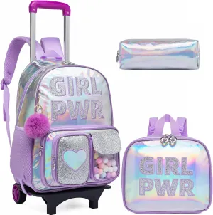 Rolling Backpack with Wheel,School Backpack for Kids Girl Roller Schoolbag Wheeled Backpacks Set Carry-on Luggage,Purple