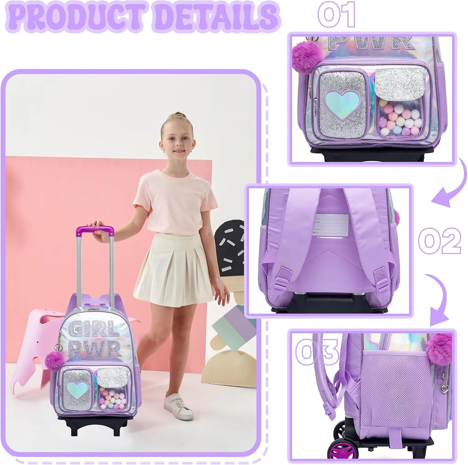 Rolling Backpack with Wheel,School Backpack for Kids Girl Roller Schoolbag Wheeled Backpacks Set Carry-on Luggage,Purple