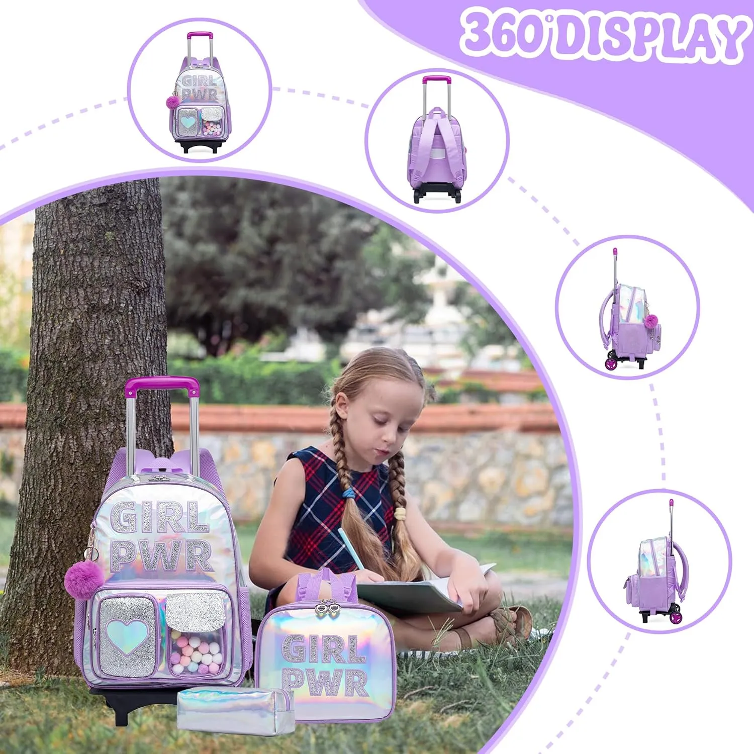 Rolling Backpack with Wheel,School Backpack for Kids Girl Roller Schoolbag Wheeled Backpacks Set Carry-on Luggage,Purple