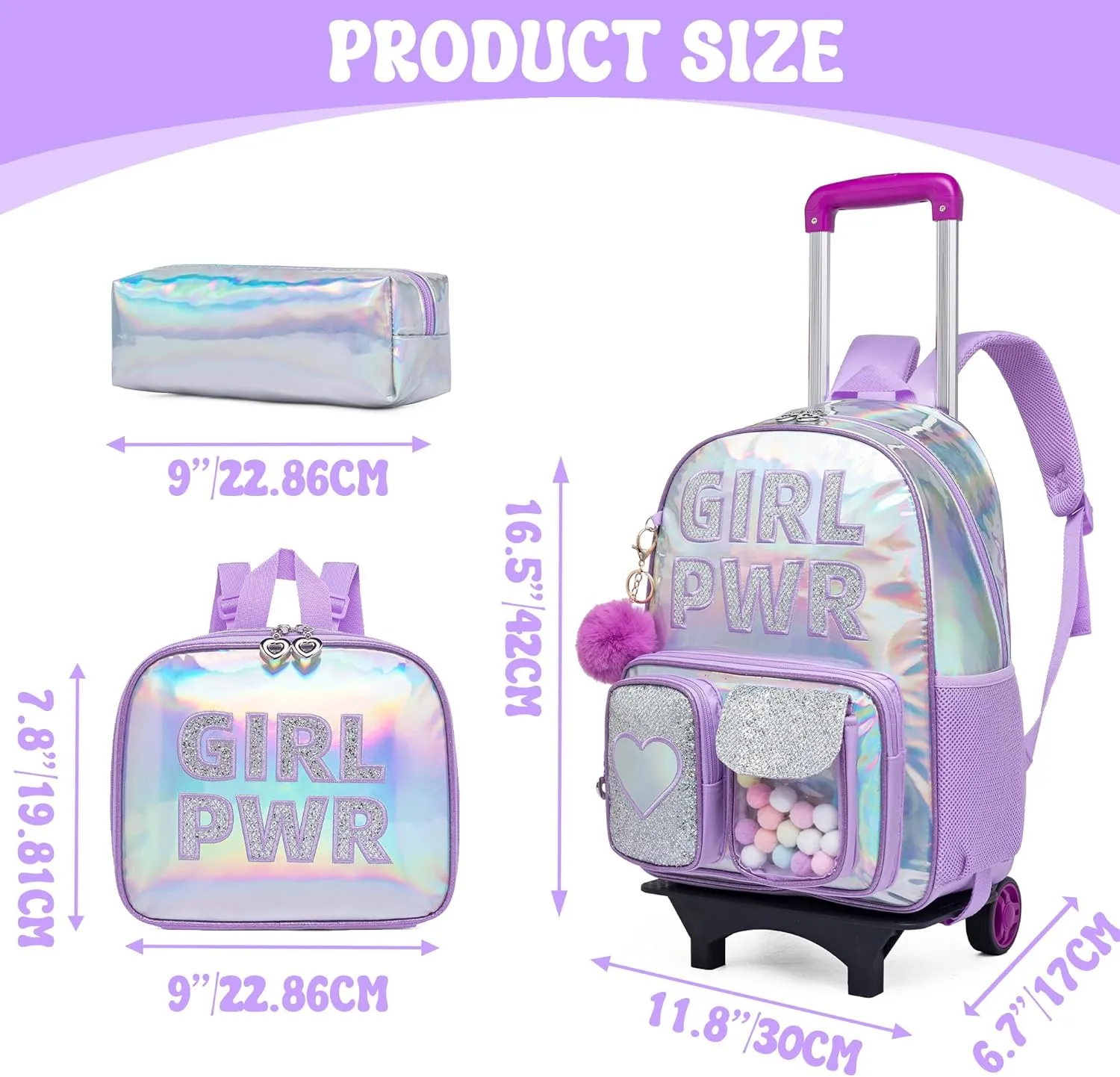 Rolling Backpack with Wheel,School Backpack for Kids Girl Roller Schoolbag Wheeled Backpacks Set Carry-on Luggage,Purple