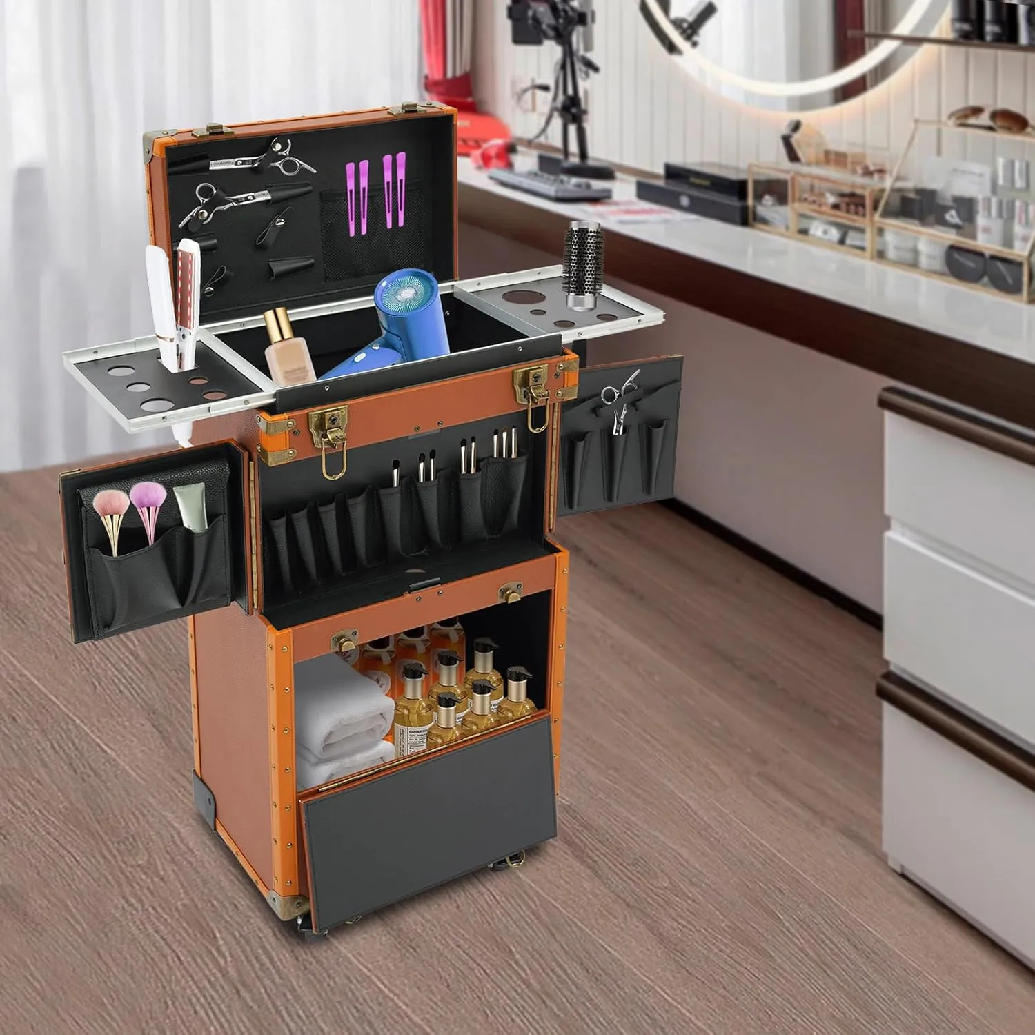 Rolling Makeup Case Professional Makeup Artist Cosmetic Train Case Beauty Salon Luggage Large Trolley Storage Case on Wheels Hairstylist Travel Organizer for Nail Technicians Artists (Brown)