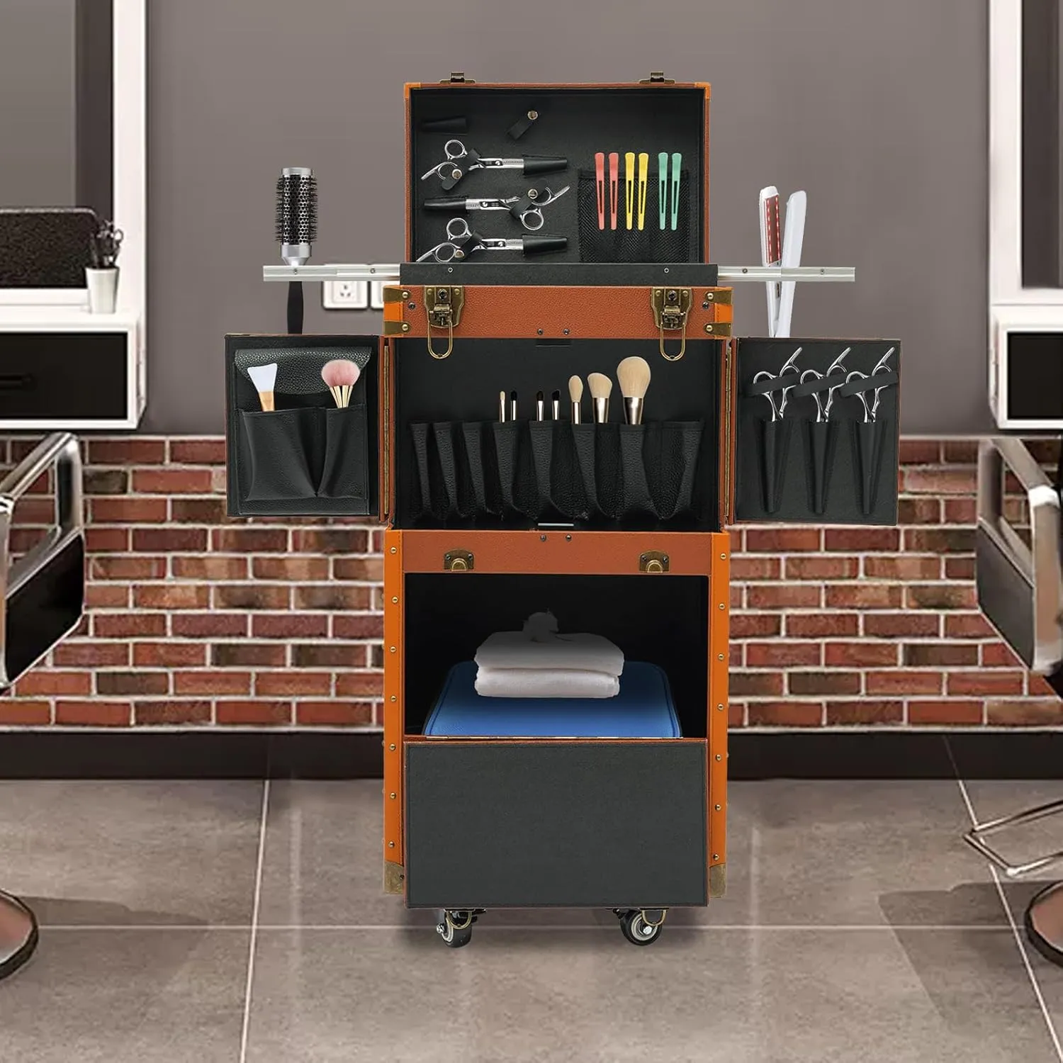 Rolling Makeup Case Professional Makeup Artist Cosmetic Train Case Beauty Salon Luggage Large Trolley Storage Case on Wheels Hairstylist Travel Organizer for Nail Technicians Artists (Brown)