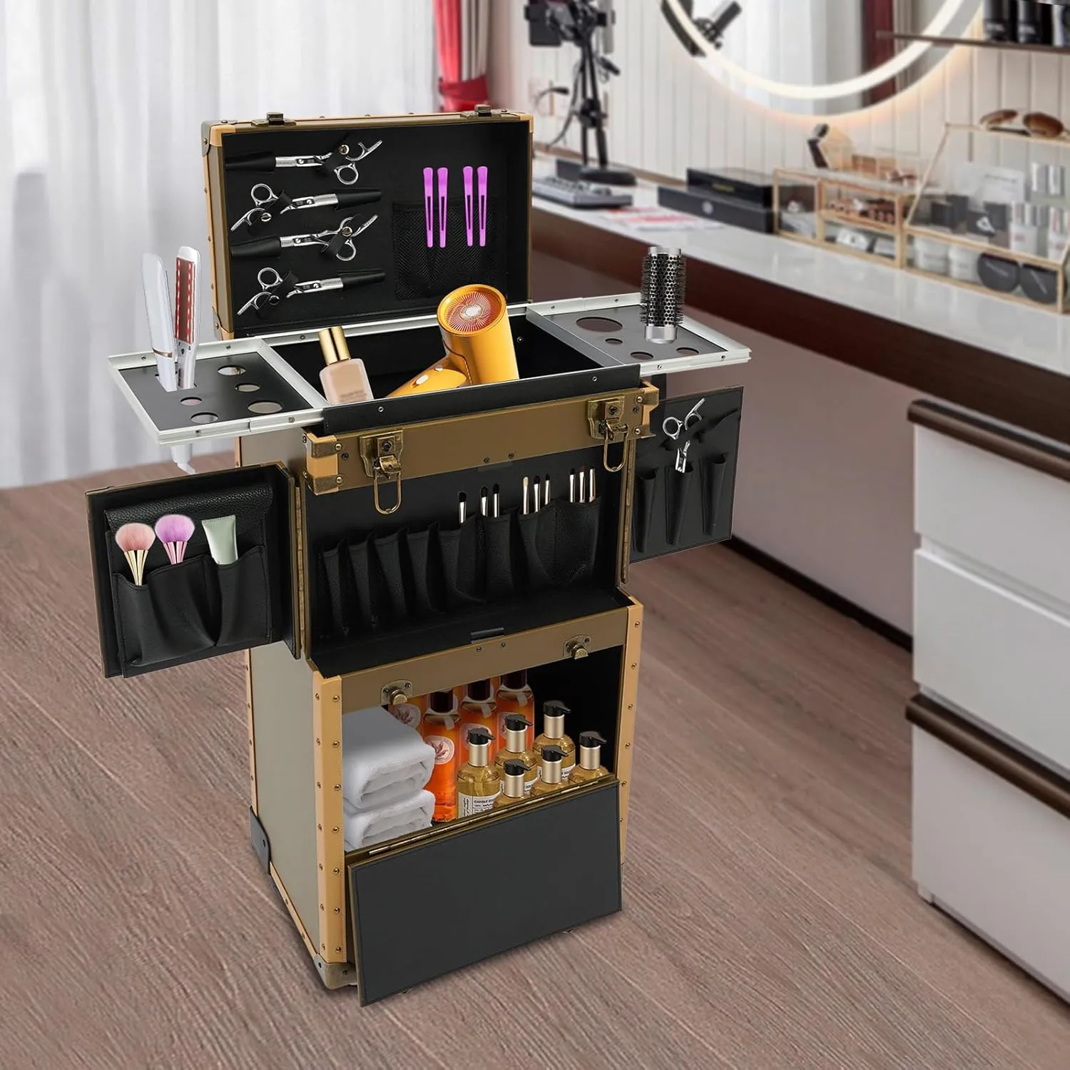 Rolling Makeup Case Professional Makeup Artist Cosmetic Train Case Beauty Salon Luggage Large Trolley Storage Case on Wheels Hairstylist Travel Organizer for Nail Technicians Artists (Gold)