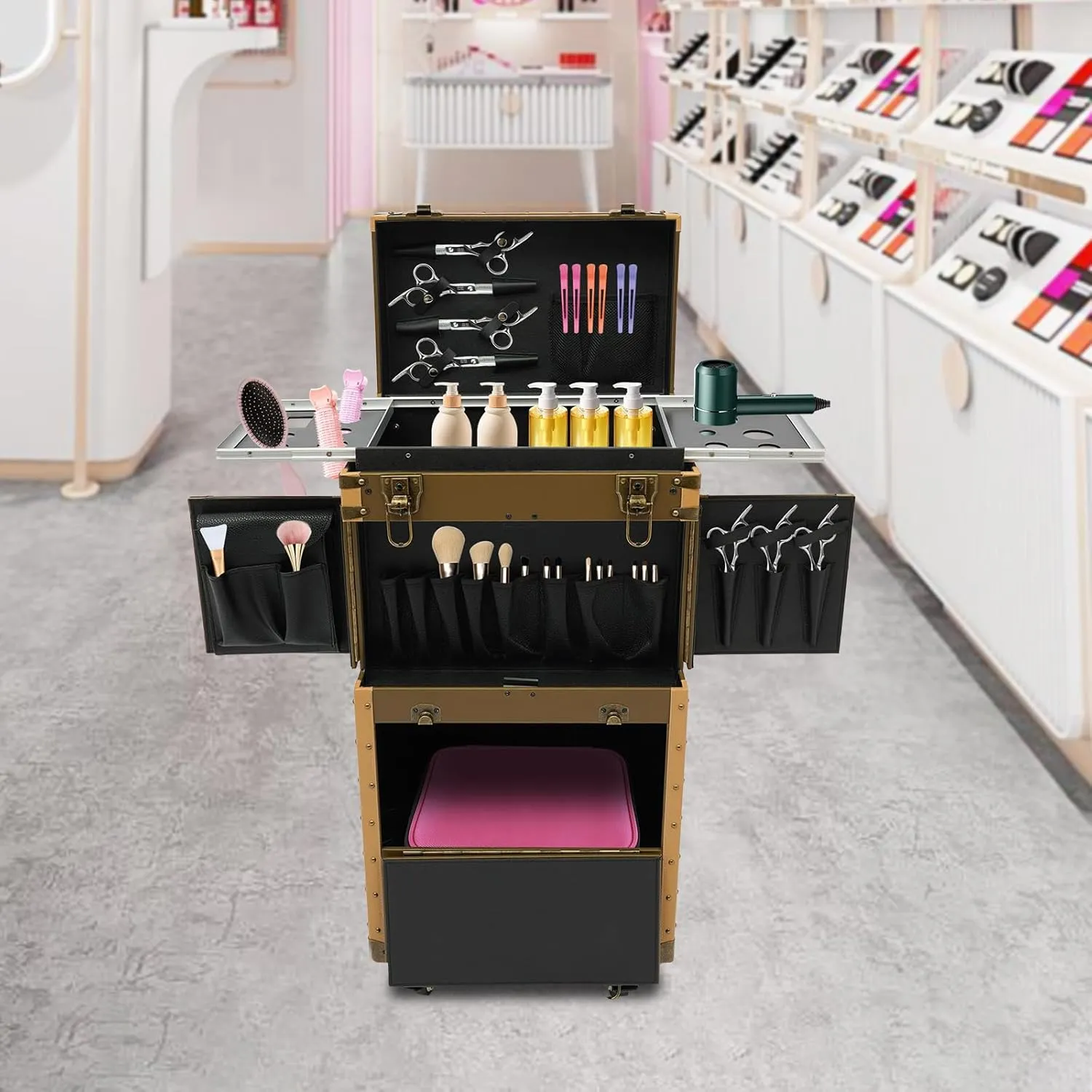 Rolling Makeup Case Professional Makeup Artist Cosmetic Train Case Beauty Salon Luggage Large Trolley Storage Case on Wheels Hairstylist Travel Organizer for Nail Technicians Artists (Gold)