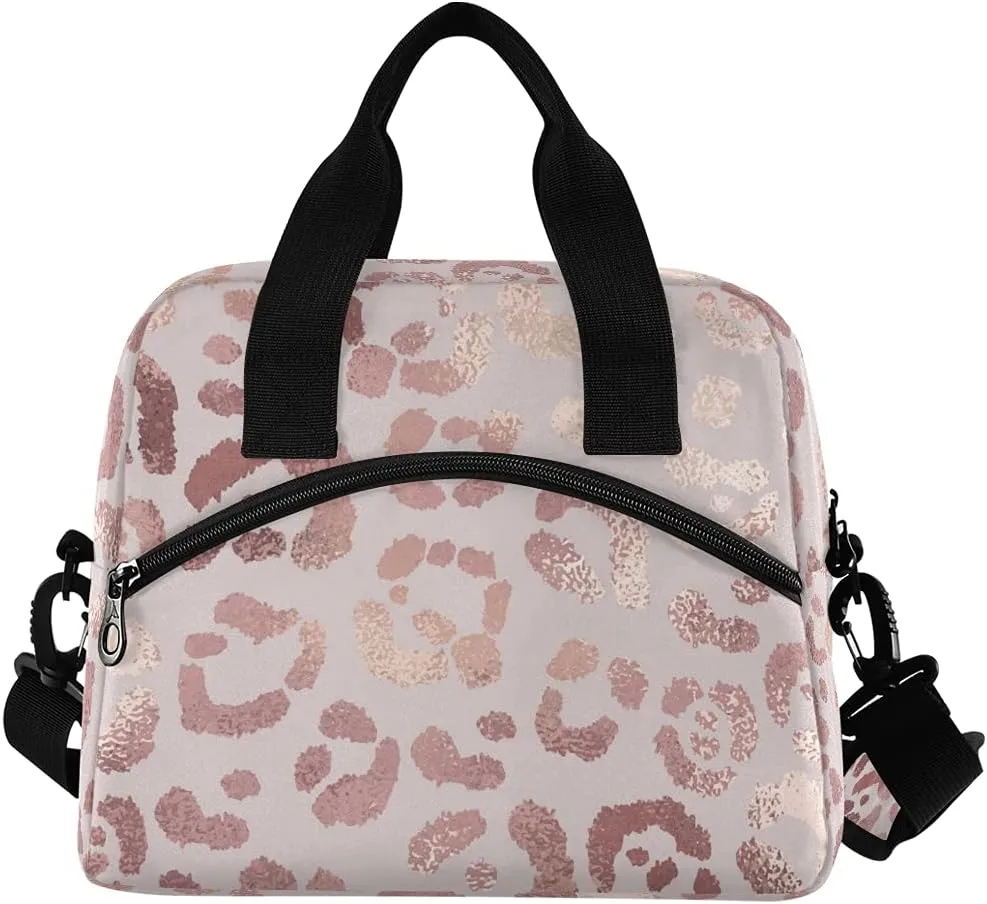 Rose Pink Leopard Lunch Bag with Shoulder Strap for Women Men Insulated Lunch Box Tote Bags Water-resistant Cooler Bag for Office Work Picnic Beach (11x7x9 Inch)