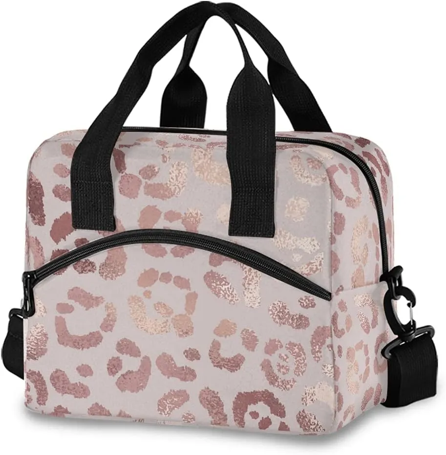 Rose Pink Leopard Lunch Bag with Shoulder Strap for Women Men Insulated Lunch Box Tote Bags Water-resistant Cooler Bag for Office Work Picnic Beach (11x7x9 Inch)