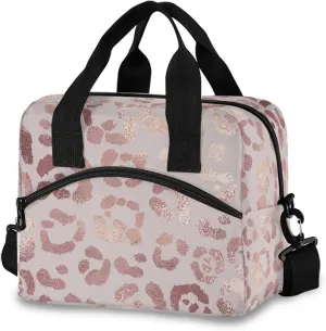 Rose Pink Leopard Lunch Bag with Shoulder Strap for Women Men Insulated Lunch Box Tote Bags Water-resistant Cooler Bag for Office Work Picnic Beach (11x7x9 Inch)