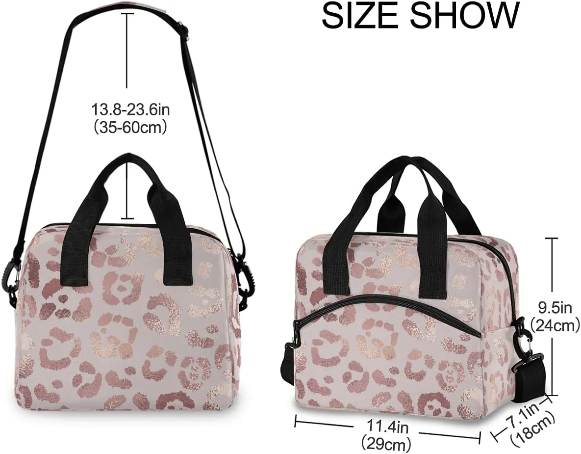 Rose Pink Leopard Lunch Bag with Shoulder Strap for Women Men Insulated Lunch Box Tote Bags Water-resistant Cooler Bag for Office Work Picnic Beach (11x7x9 Inch)