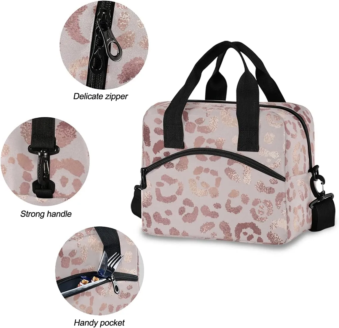 Rose Pink Leopard Lunch Bag with Shoulder Strap for Women Men Insulated Lunch Box Tote Bags Water-resistant Cooler Bag for Office Work Picnic Beach (11x7x9 Inch)