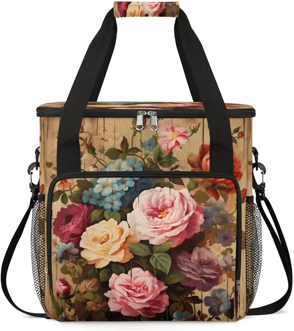 Rose Planks Wood Coffee Maker Carring Bag Travel Carrying Storage Tote Bag Compatible Portable Single Serve Coffee Brewer Case with Pockets for K-cup Pods