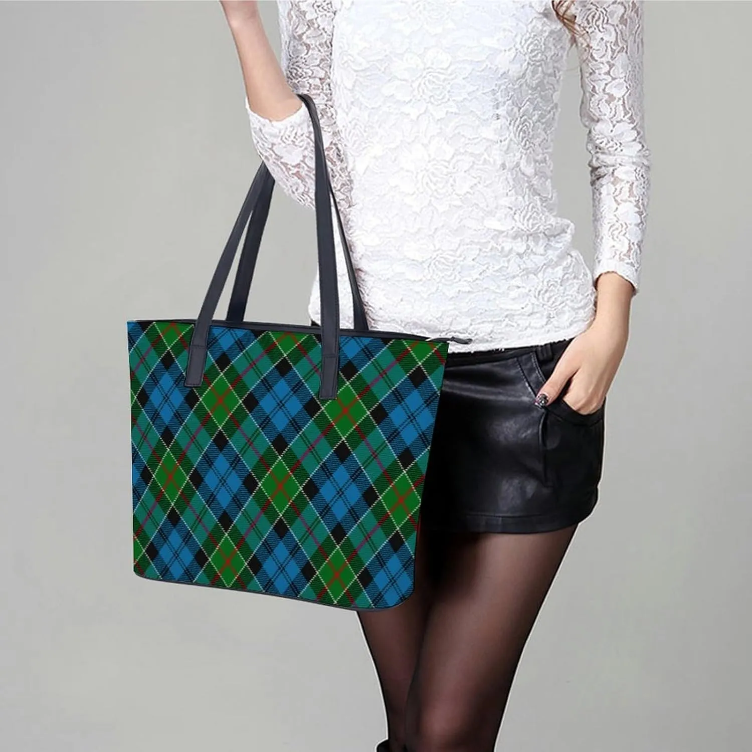 Royal Stewart Tartan Large Capacity Portable Leather Handbag
