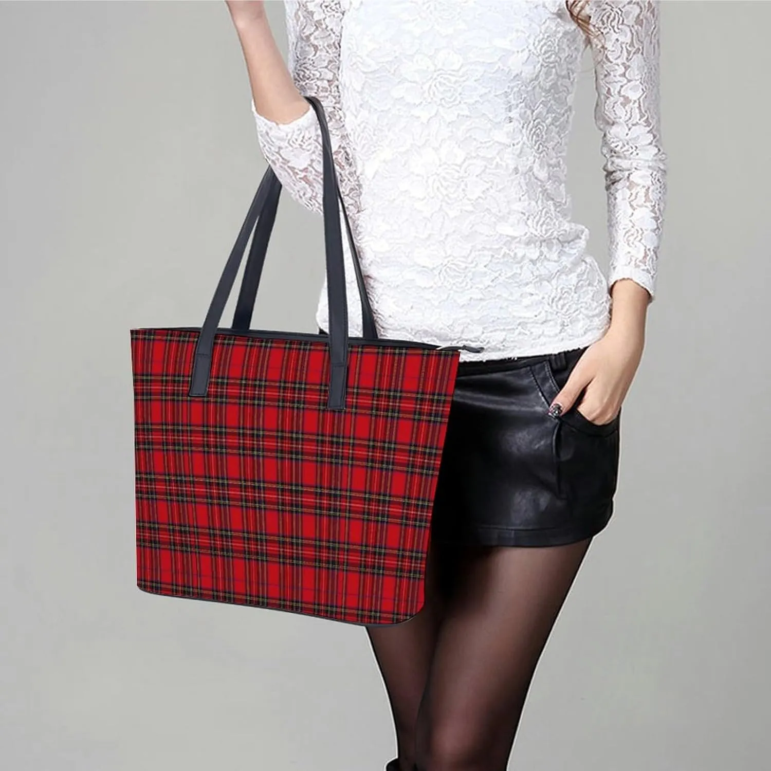 Royal Stewart Tartan Large Capacity Portable Leather Handbag