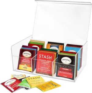 RoyalHouse Acrylic Tea Bag Holder Storage Organizer, 6 Compartment BPA Free Clear Plastic Tea Box with Lid, Multi-Purpose storage Box for Tea Bags, Office Supplies, Crafts, and Small Items.
