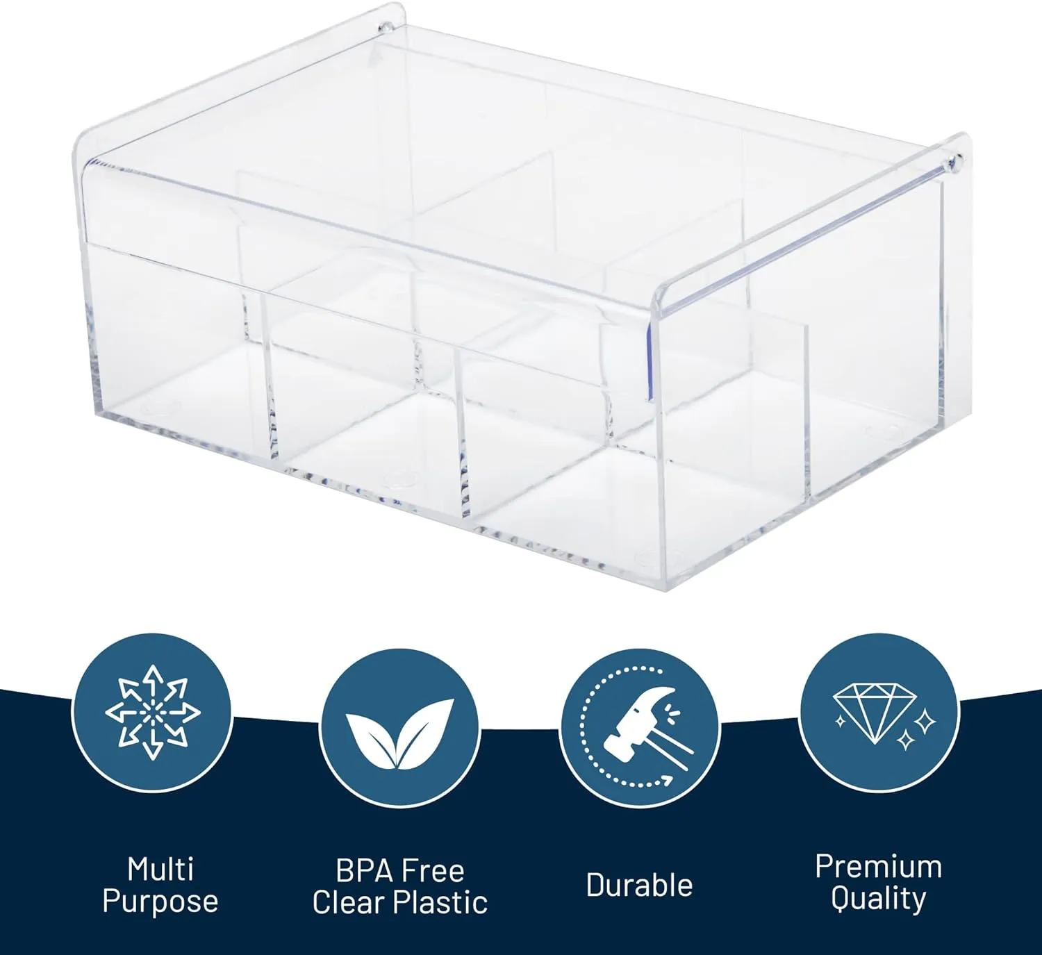 RoyalHouse Acrylic Tea Bag Holder Storage Organizer, 6 Compartment BPA Free Clear Plastic Tea Box with Lid, Multi-Purpose storage Box for Tea Bags, Office Supplies, Crafts, and Small Items.