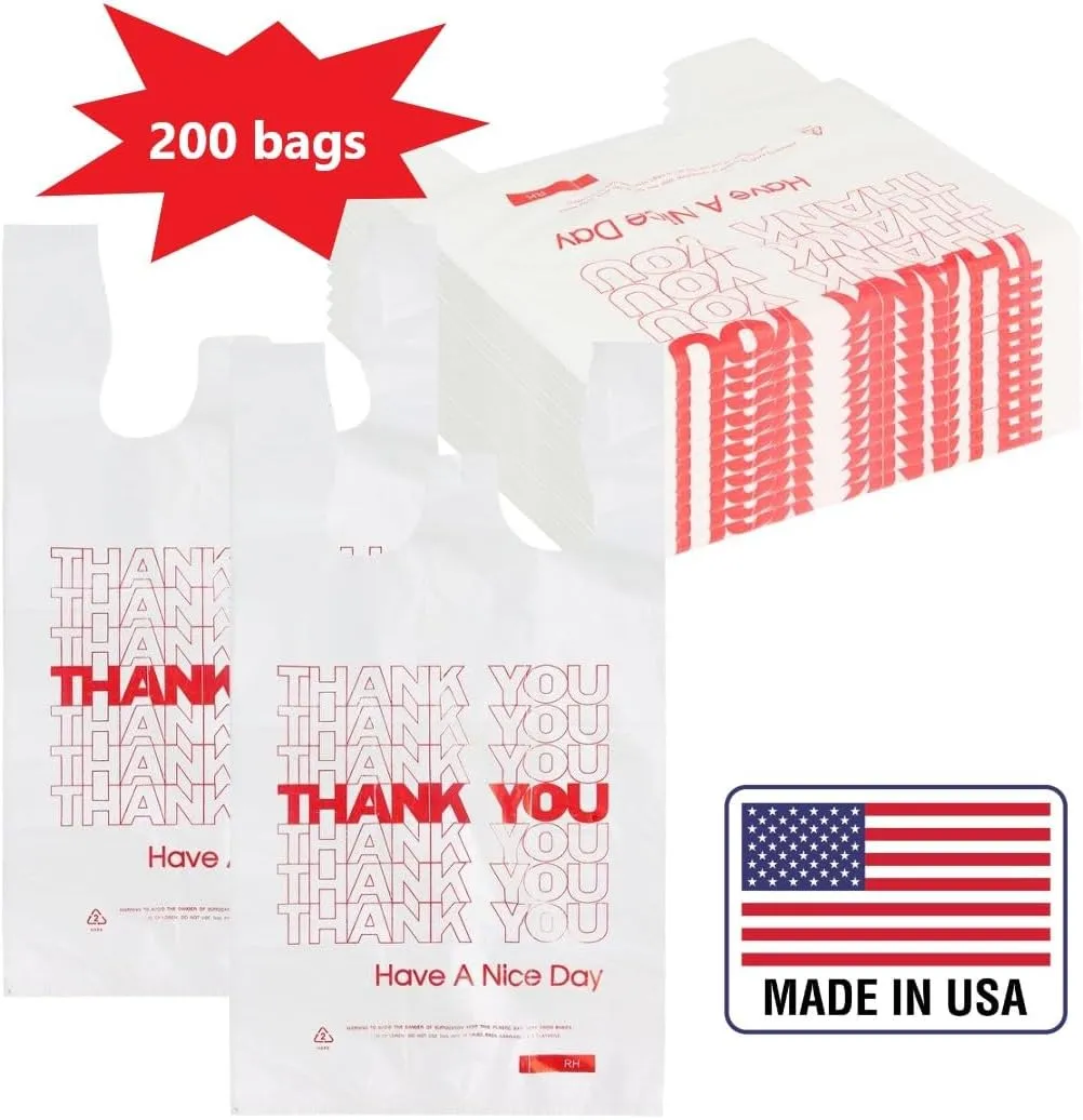 ROYALNA Plastic T shirt Grocery shopping bags (12" x 6.5" x 21") Reusable and Disposable for Restaurants, Convenience Stores, Food, Supermarket (White/Red Thank you, 200)