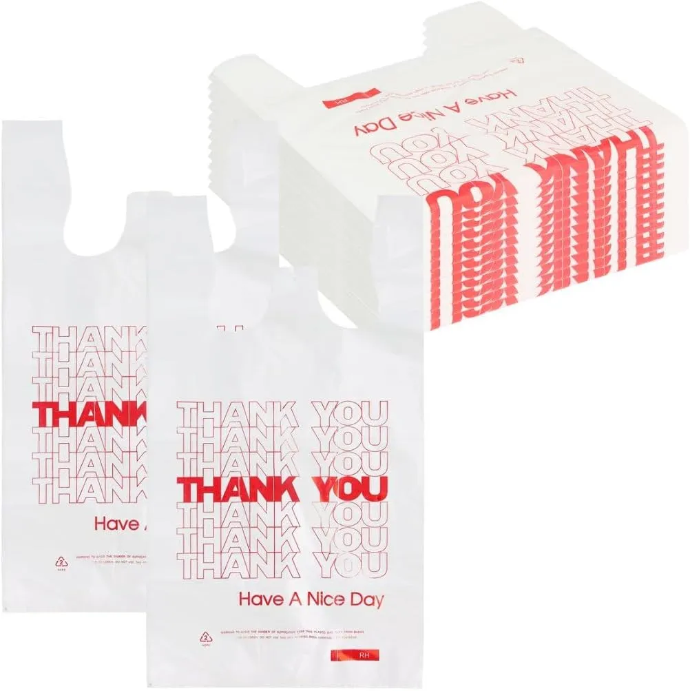 ROYALNA Plastic T shirt Grocery shopping bags (12" x 6.5" x 21") Reusable and Disposable for Restaurants, Convenience Stores, Food, Supermarket (White/Red Thank you, 200)