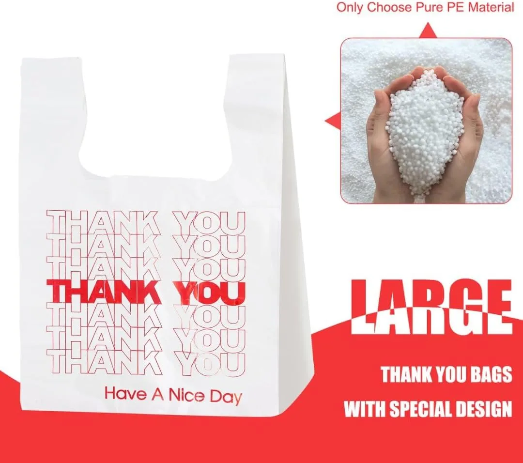 ROYALNA Plastic T shirt Grocery shopping bags (12" x 6.5" x 21") Reusable and Disposable for Restaurants, Convenience Stores, Food, Supermarket (White/Red Thank you, 200)