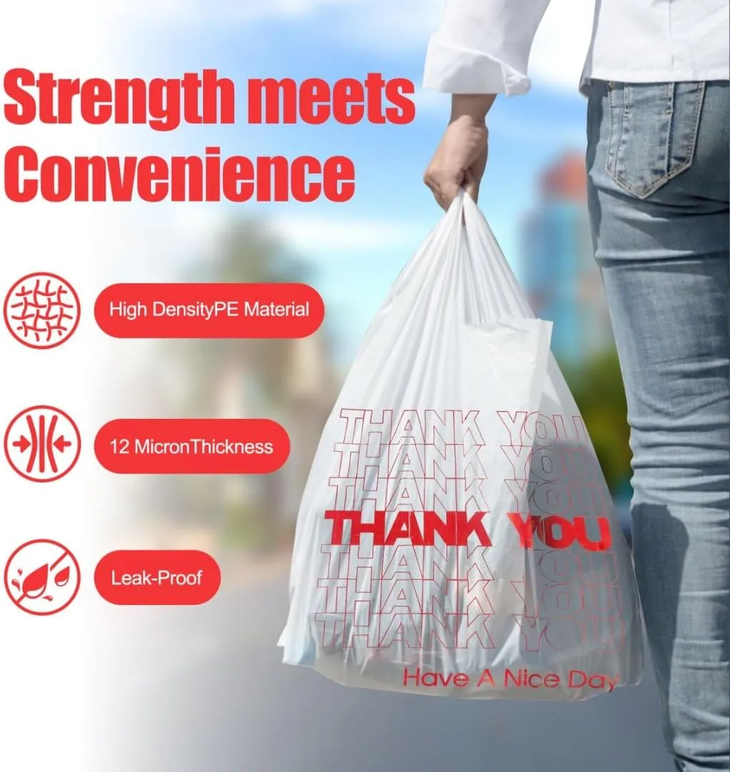 ROYALNA Plastic T shirt Grocery shopping bags (12" x 6.5" x 21") Reusable and Disposable for Restaurants, Convenience Stores, Food, Supermarket (White/Red Thank you, 200)