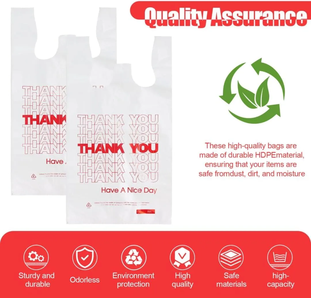ROYALNA Plastic T shirt Grocery shopping bags (12" x 6.5" x 21") Reusable and Disposable for Restaurants, Convenience Stores, Food, Supermarket (White/Red Thank you, 200)