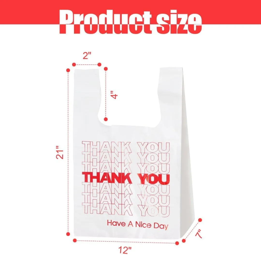 ROYALNA Plastic T shirt Grocery shopping bags (12" x 6.5" x 21") Reusable and Disposable for Restaurants, Convenience Stores, Food, Supermarket (White/Red Thank you, 200)