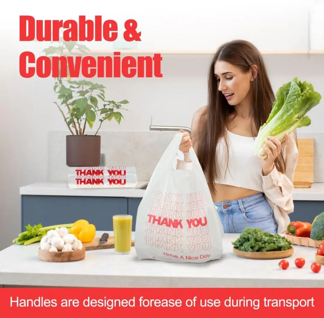 ROYALNA Plastic T shirt Grocery shopping bags (12" x 6.5" x 21") Reusable and Disposable for Restaurants, Convenience Stores, Food, Supermarket (White/Red Thank you, 200)