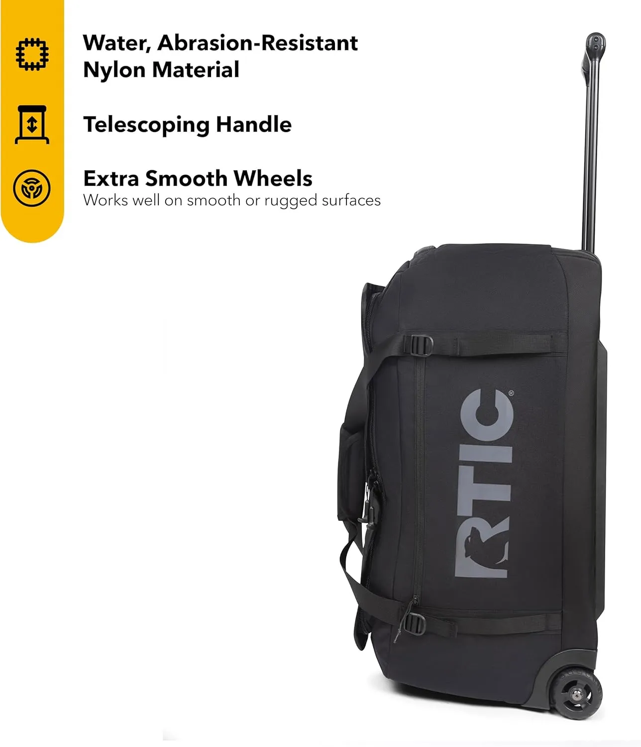 RTIC Road Trip Rolling Duffle Bag with Wheels for Men and Women, Traveling Tote for Camp, Travel, Gym, Weekender, Camping, Overnight Carry On, Sports, Spacious, Water Resistant, Large, Black