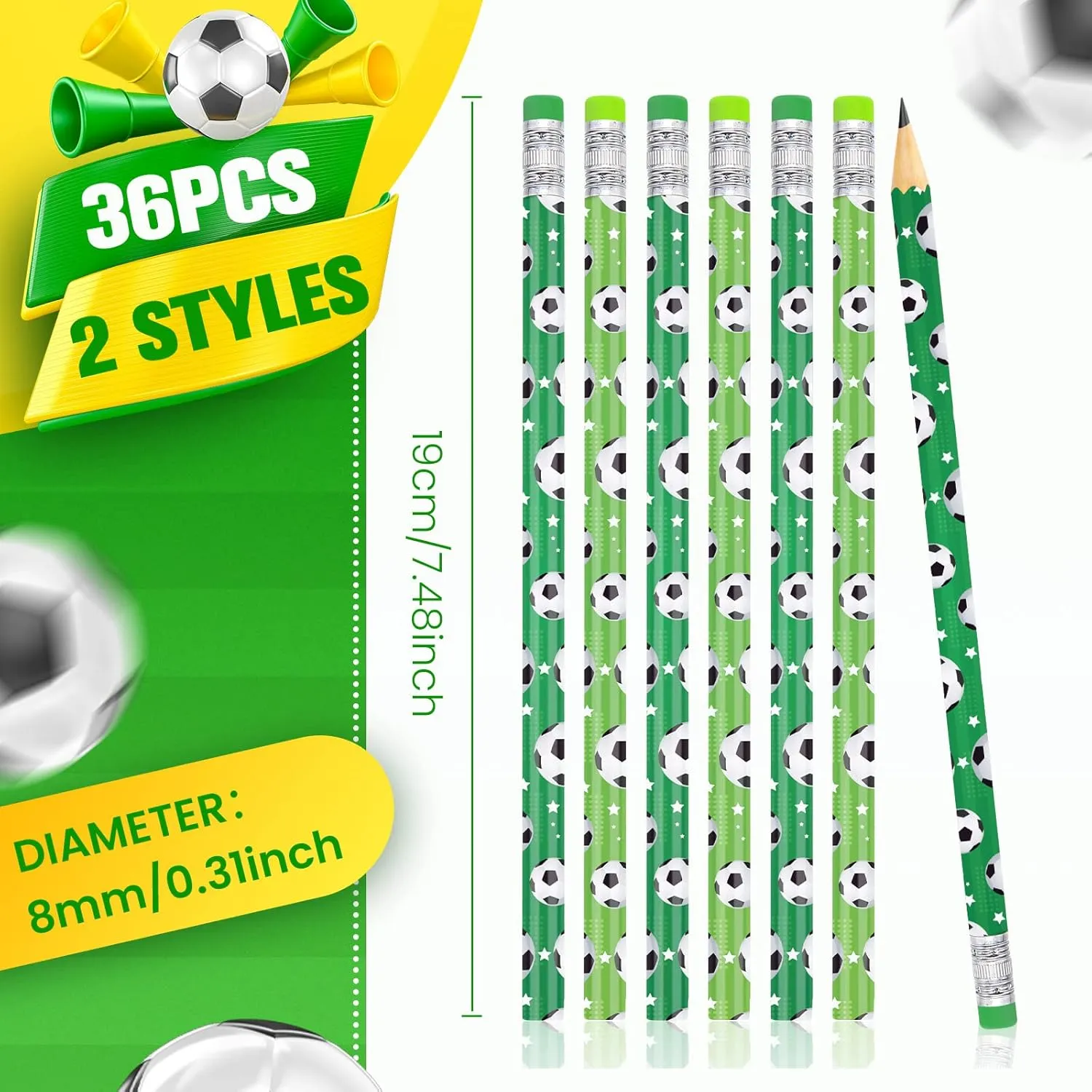 Rumia 36 Pcs Wooden Pencils with Eraser - Soccer Themed Pencils for Kids, Parties, School & Office