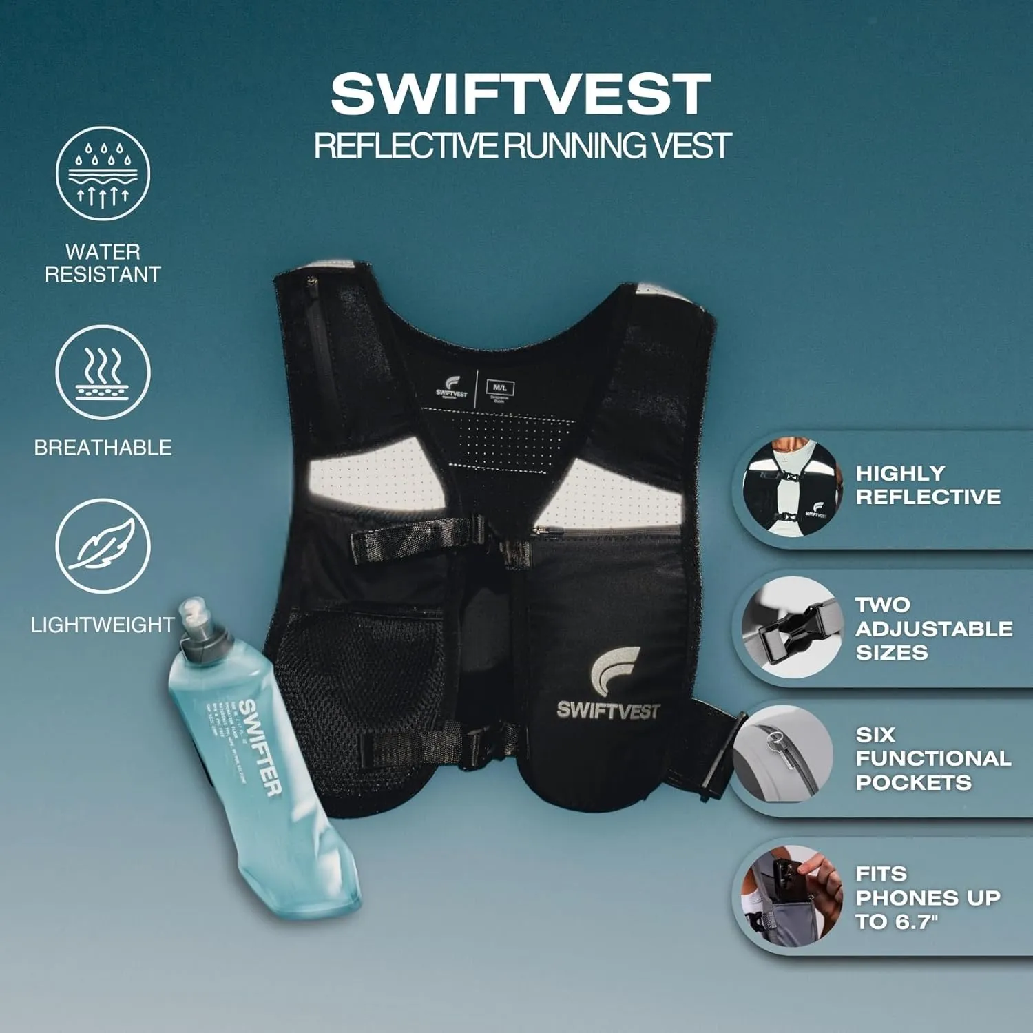 Running Phone Holder Vest with 500ml/17oz Running Vest Water Bottle | Running Water Vest | Reflective Hydration Vest | Adjustable | Light | 6 Pockets for Running Accessories | Men & Women