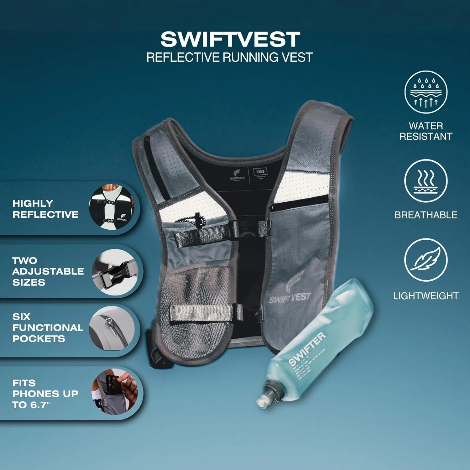 Running Phone Holder Vest with 500ml/17oz Running Vest Water Bottle | Running Water Vest | Reflective Hydration Vest | Adjustable | Light | 6 Pockets for Running Accessories | Men & Women