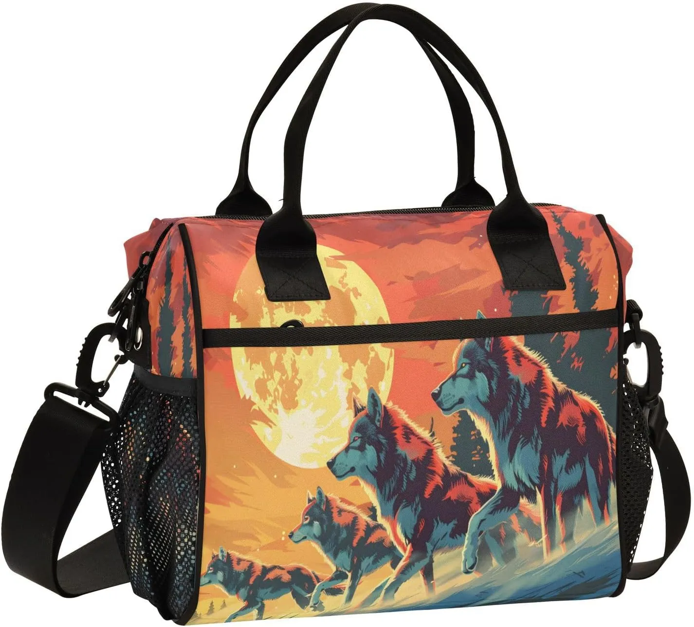 Running Wolf Downhill Scene Large Lunch Box for Men Women Adults Insulated Lunch Bag Cooler Bag with Adjustable Shoulder Strap for Work Picnic Travel