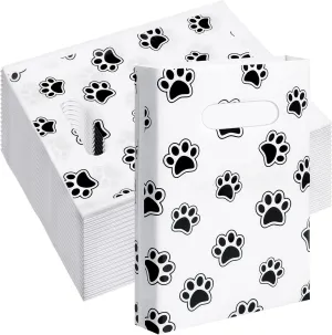 Sadnyy 100 Pack Dog Paw Print Plastic Merchandise Bags 8 x 10 Inch Thick Glossy Retail Shopping Bags Bulk with Handles Boutique(Black,White)