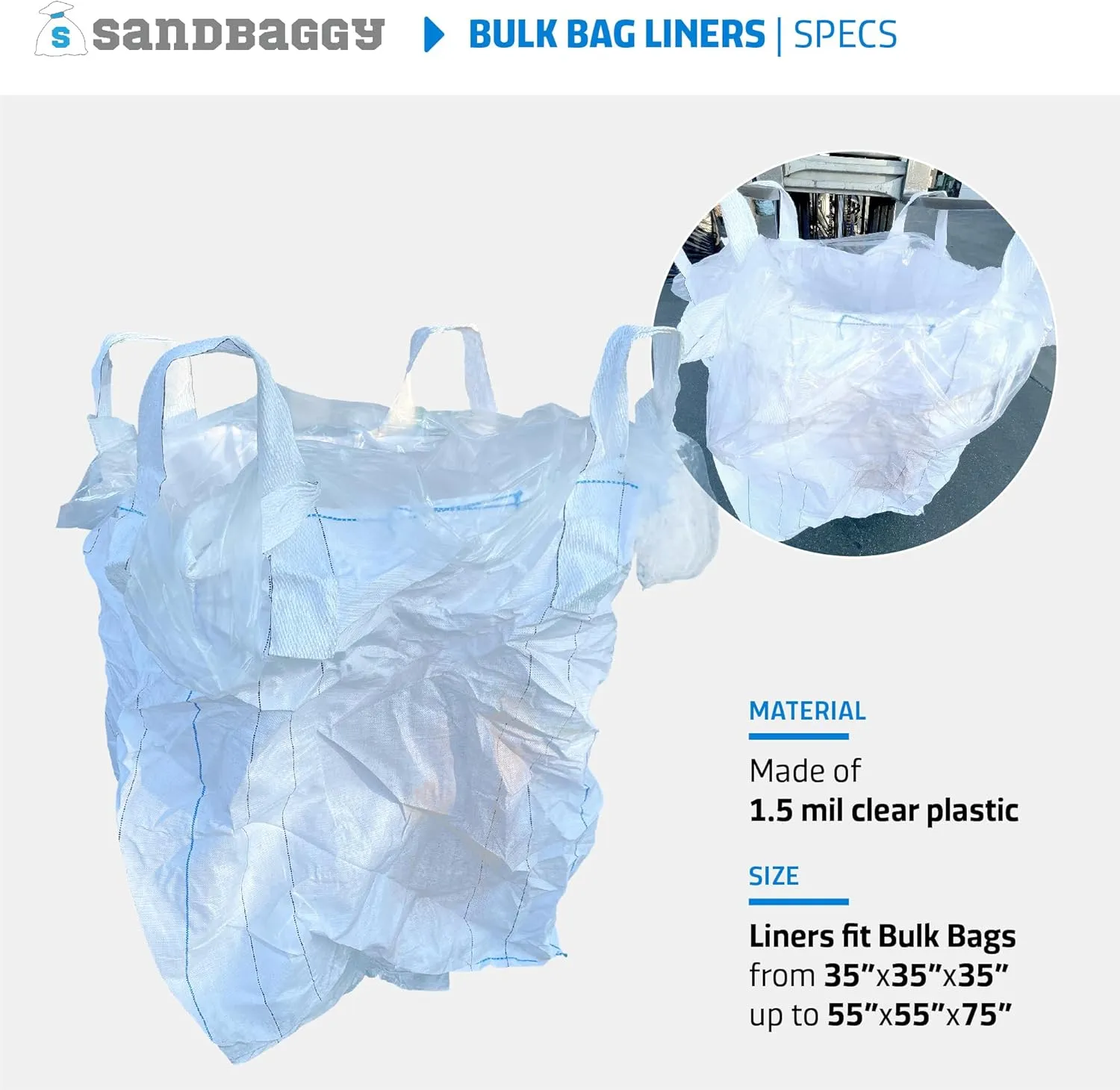 Sandbaggy Clear FIBC Bulk Bag Liners | Made in USA | Liners Fits Bulk Bags Up to 55" x 55" x 75" | Built w/ 1 Month UV | Heavy Duty 1.5 Mil Thick (Pack of 100)